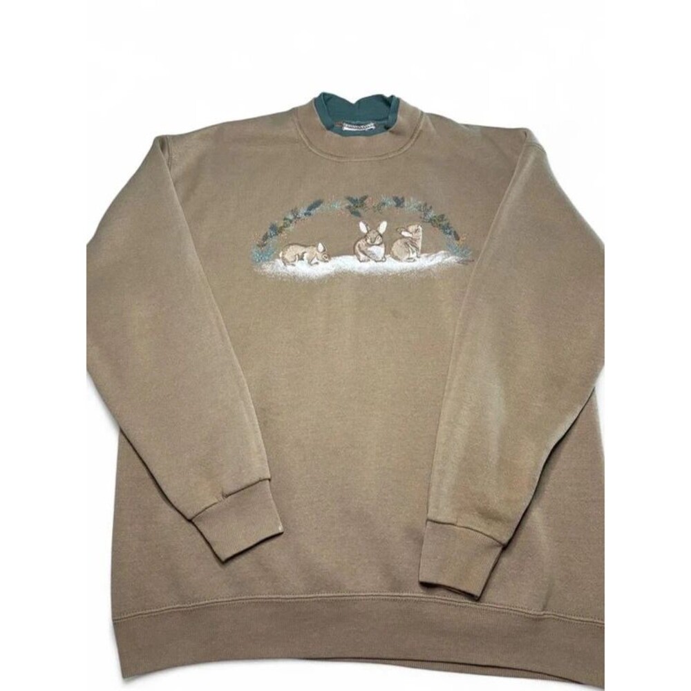 Vintage Lee Heavyweight Rabbit Embroidered Sweatshirt Tan Brown Size L